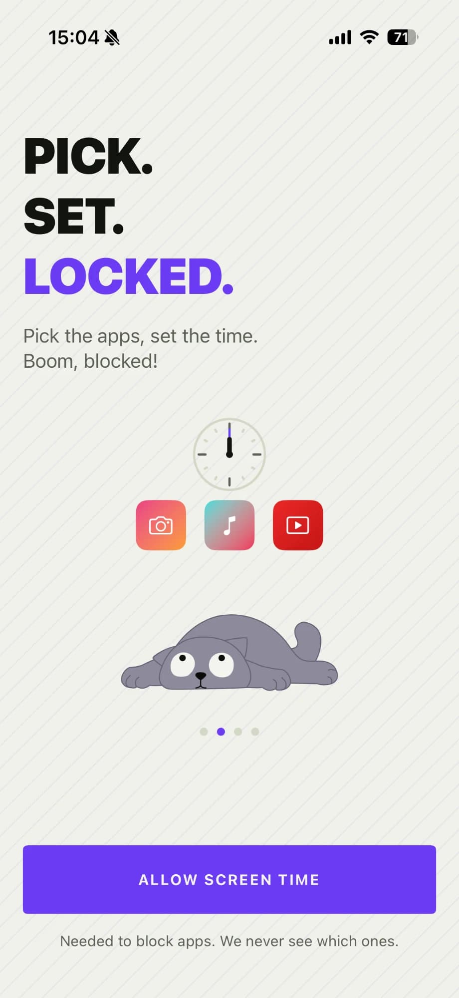 The onboarding screen "Pick. Set. Locked.", with its Allow Screen Time button
