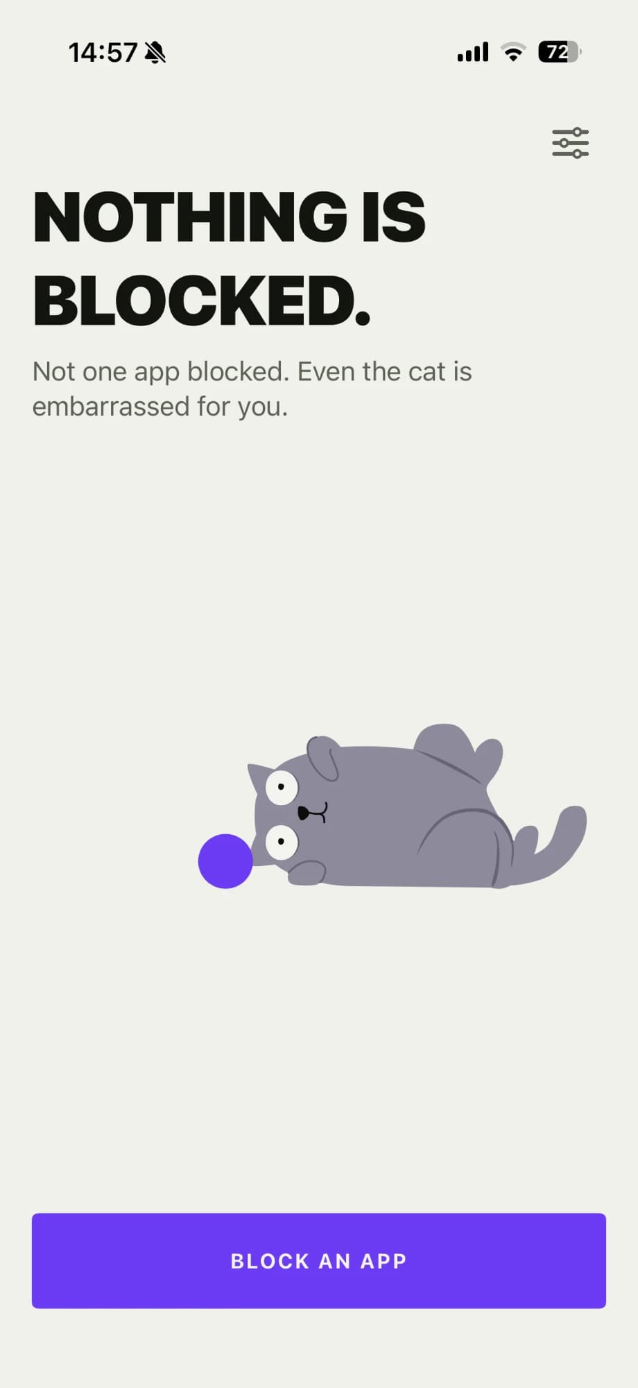 The home screen with nothing blocked yet, and a Block an app button