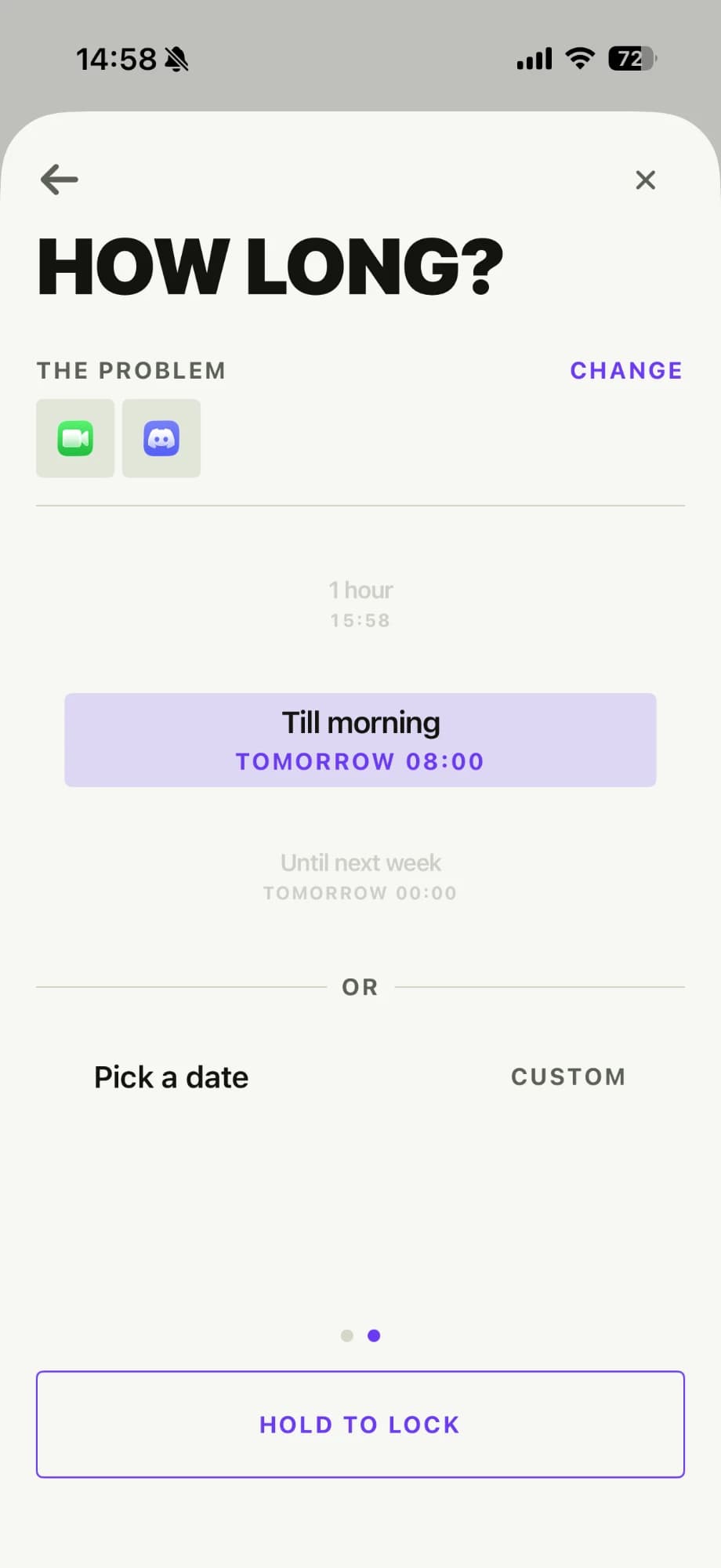 The "How long?" screen, with Discord and FaceTime picked and "Till morning" set to end tomorrow at 08:00
