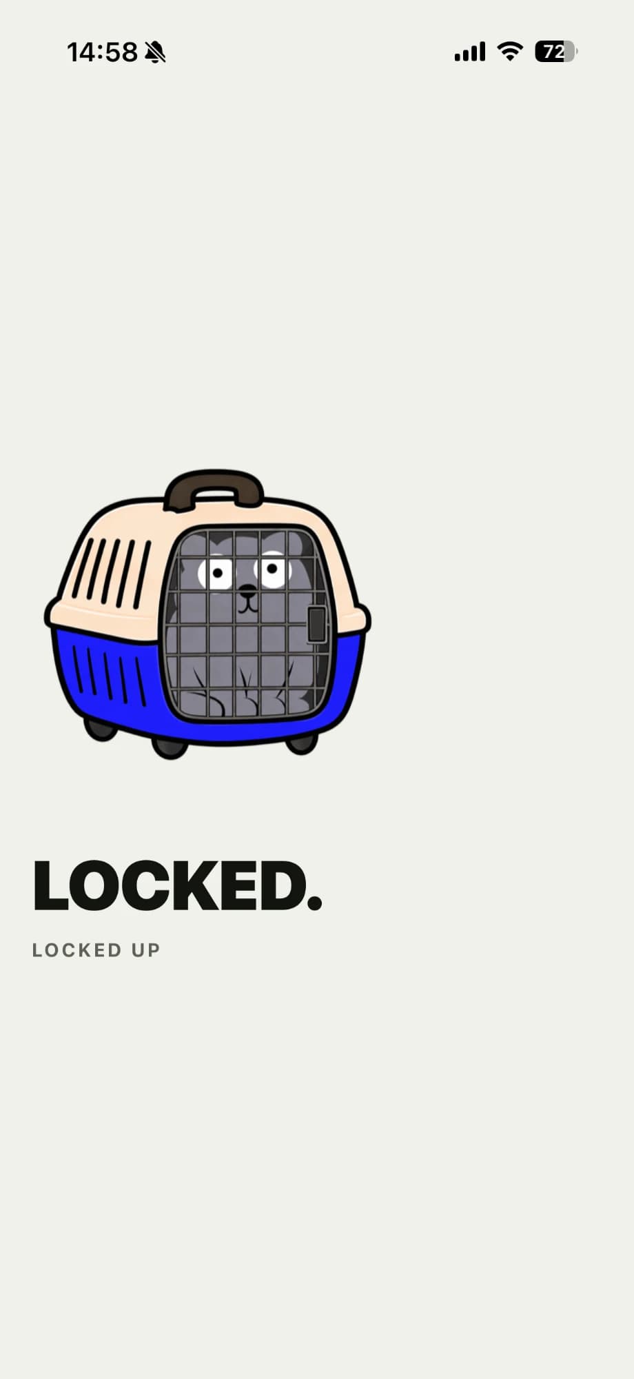 The "Locked." screen, with Moki shut in a pet carrier