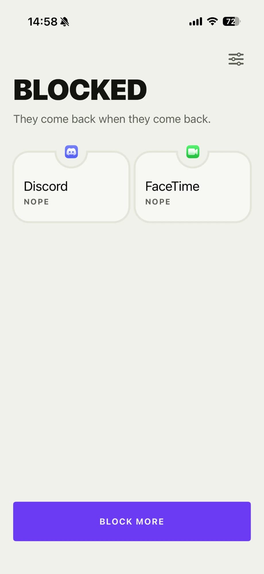 The home screen during a session: Discord and FaceTime blocked, each marked "Nope"